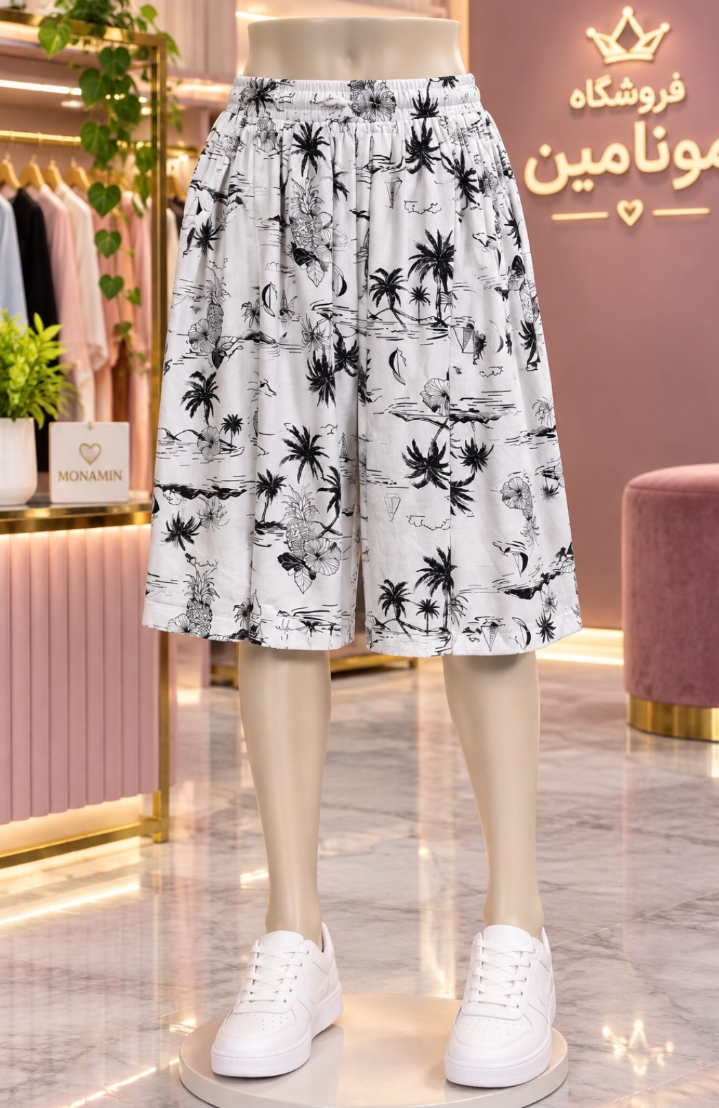 شلوارک زنانه طرح ساحلی نخل و گل مشکی سفید