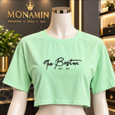 کراپ تیشرت زنانه سبز پاستیلی طرح The Boston